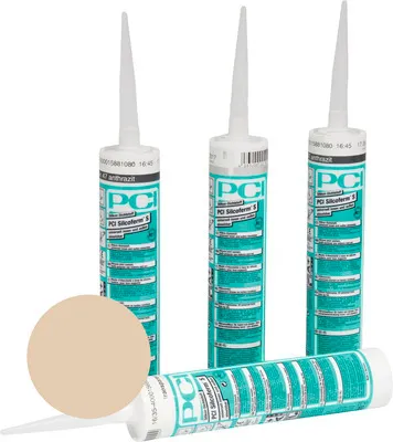 Four tubes of sealant are arranged on a white background, with a circular swatch of beige color in the foreground.