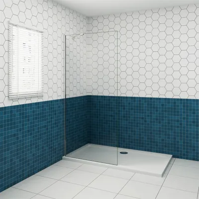A modern bathroom with a walk-in shower enclosure.