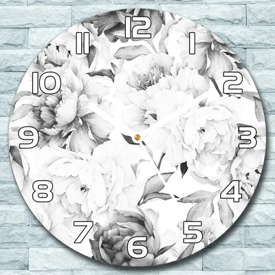 Produktbild von Wanduhr aus Glas Rund fi 30 Schwarze und weiße Pfingstrosen Deko Wohnzimmer Büro