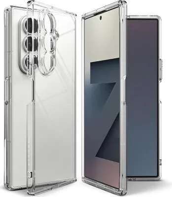 A clear phone case is shown next to a folded smartphone.