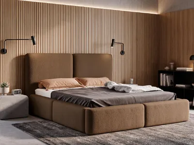 Produktbild von Polsterbett 180x200 mit Bettkasten LIVIA, Stauraum und Metall-Lattenrost – Bouclé Stoff Braun