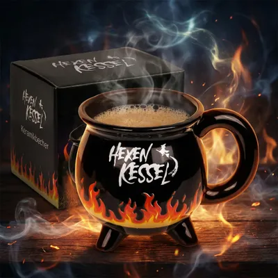 Heksenketelbecher mit Flammen-Thermo-Effekt, 400 ml, Schwarz