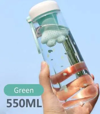 Produktbild von Kreative Nette Katze Krallen Mit Teefilter Kunststoff Tasse Kawaii Kirschblüten Tragbare Dicht Sport Wasser Flasche Für Mädchen, Grün, 550 ml