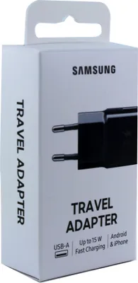 The image shows the retail packaging for a Samsung travel adapter.