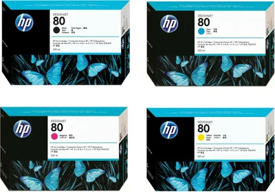 Four HP Designjet 80 ink cartridge boxes arranged in a 2x2 grid.