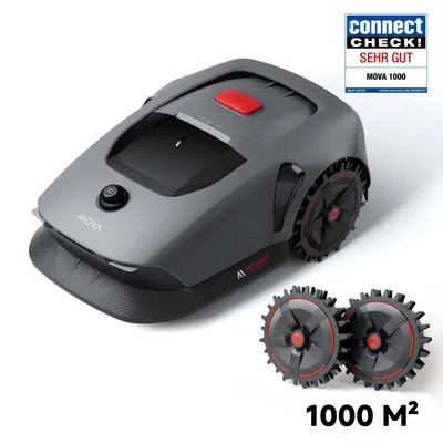 A robotic lawnmower and two spare wheels are shown against a white background.