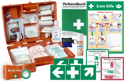 Produktbild von Erste-Hilfe-Koffer M5+ "PRO" akt. DIN 13157 (Betriebe) -Komplettpaket- inkl. Notfallbeatmungshilfe + Hygiene-Gel + Verbandbuch & Aushang + Aufkleber