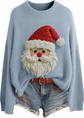 Image de Pull de Noël ASKSA pour femme,Pull col rond Sweater Automne Hiver Chaud Pull de Noël en tricot (D-Bleu clair,XXL)