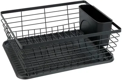 Productafbeelding van Unyqoos® Verstelbaar zwart afdruiprek met afdruipbak en bestekhouder, gepoedercoat metaal/kunststof, 36 × 15 × 30,3 cm, geschikt voor servies