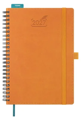 Obrázek produktu pro Plánovač do kroužkové vazby formátu A5, rok 2027, rozvrh na jeden týden, dvě stránky na jeden den, barva: oranžová