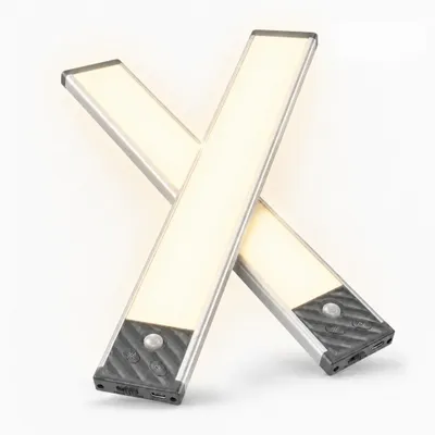 Produktbild von 2er-Set LED-Unterbauleuchten, 34 cm Schrankleuchten mit Bewegungsmelder, USB-C wiederaufladbar, 3 Lichtfarben, 3 Helligkeitsstufen, kabellos, Silber