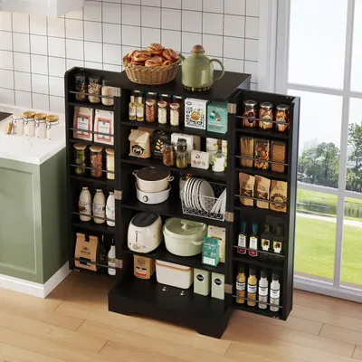 Image de OKWISH Buffet - Meuble de Rangement avec LED Détecteur, 2 Portes et Étagères Réglables, pour Cuisine, Salle à Manger ou Salon, 60x40x120 cm, Noir