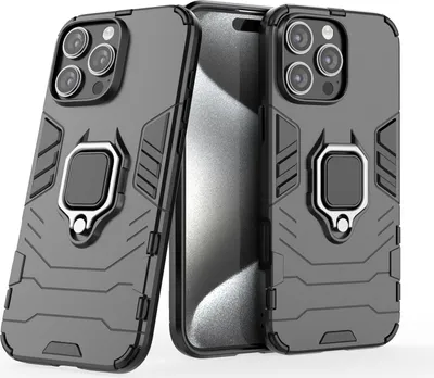 Produktbild von Hülle iPhone 16 Pro Max Handyhülle Stoßfest 360° Ring TPU Back Cover Schwarz