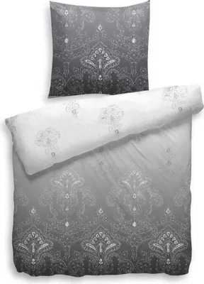 A pillow and a duvet cover with a grey ornamental pattern.