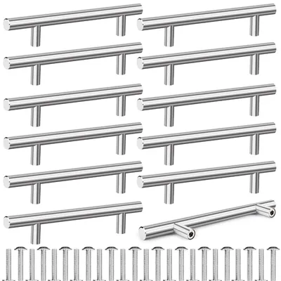 Imagen del producto de Tiradores para muebles tipo "T", juego de 12 unidades, distancia entre agujeros de 128 mm, acero inoxidable, para cocina y muebles
