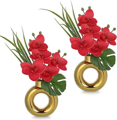 Produktbild von Set mit 2 Mini-Kunstorchideen mit Keramik-Donut-Vasen, natürliches Aussehen, Dekoration für Tisch und Fenster, künstliche Blumen