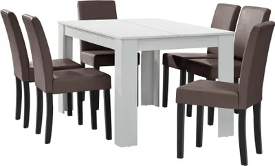 Produktbild von [en.casa] Esstisch weiß matt mit 6 Stühlen braun Kunstleder gepolstert 140x90 Essgruppe Esszimmer