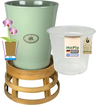 Produktbild von MePla - Set - Orchideenkübel Merina ø14 Salando grün + Pflanztopf  ø12 + Bamus-Topfständer