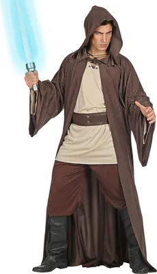 A man wearing a costume, holding a lightsaber.