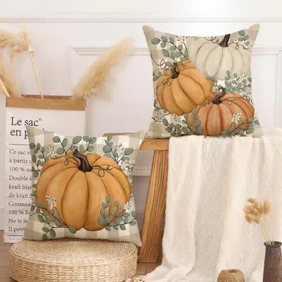 Immagine prodotto di Cuscini decorativi, 40x40 cm, tema autunnale, zucche e foglie, set da 2, in poliestere e lino