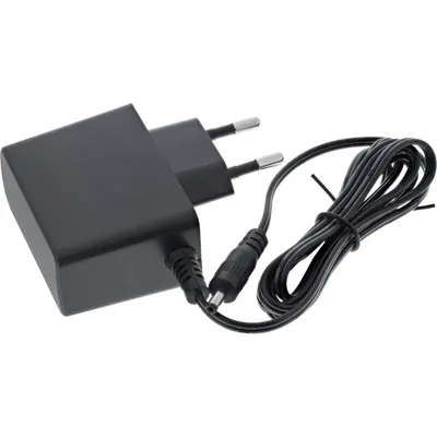 A black power adapter with a coiled cable and a DC connector, shown against a white background.