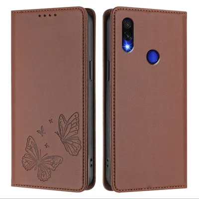 Produktbild von Lederhülle für Xiaomi Redmi Note 7/Note 7 Pro, Schmetterling Prägung Leder Brieftasche Schutzhülle mit Ständer Braun