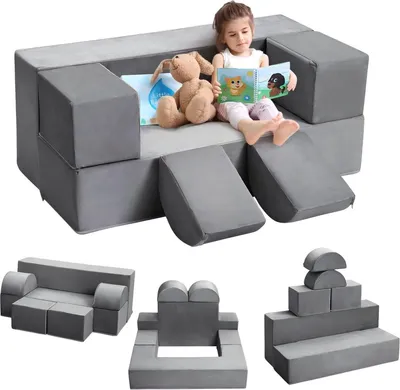 Productafbeelding van Modulair kindersofa, 6-delig – Speelbankje en vloerkussens voor kinderkamers – Schuimrubber speelset en fotorekwisiet – Grijs