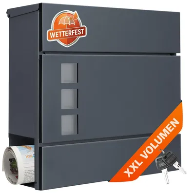 Produktbild von MONZANA® XXL Briefkasten Postkasten mit Zeitungsfach Sichtfenster abschließbar 2 Schlüssel Montagematerial Stahl modern einfache Montage Zeitungsrolle Wandbriefkasten Anthrazit