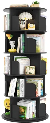 Image de Étagère tournante pour livres, 5 niveaux, en bois, noire, rotation à 360°, organisateur d'angle