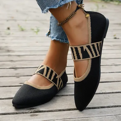 Produktbild von Damen Stricken Ballerina Spitz Flats Wohnungen Ballerina mit Elastische Schuhbänder, Farbe: Schwarz, Größe: 43