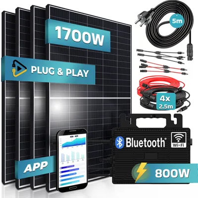 Produktbild von SUNNIVA® 1700W Balkonkraftwerk komplett Steckdose - ASTRO-E 800W Micro Wechselrichter - PV Solaranlage, 4x 425W Solarmodule, 5m Kabel Y-Verteiler WIFI