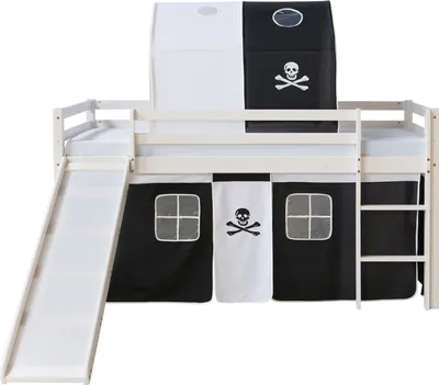 Produktbild von Homestyle4u Kinder Hochbett mit Rutsche Leiter Tunnel Vorhang Pirat Schwarz Massivholz Weiß