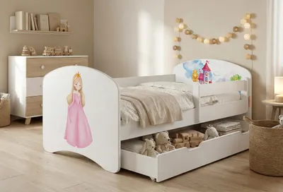 Immagine prodotto di Lettino Happy Babies con sponde di sicurezza per bambini, modello da ragazzo 140x70, per cameretta con cassetto, materasso per lettino singolo, bianco, adesivi colorati