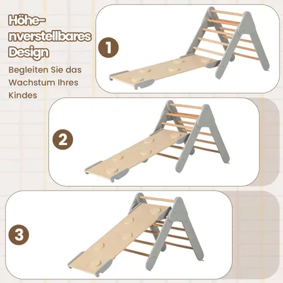 Produktbild von DREAMADE 3-in-1 Kinder Kletterdreieck Set, Holzdreieck mit umkehrbarer Rampe & Bogen, Indoor & Outdoor Spielplatz Kletterzeug, Montessori Kletterspielzeug, ab 1 Jahre (Grau)