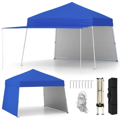 Produktbild von GOPLUS 430 x 280 cm Pop-up Pavillon mit 2 Seitenwänden, verstellbare Outdoor-Sonnenschutz tragbar mit 8 Heringen & 4 Windseilen, Blau
