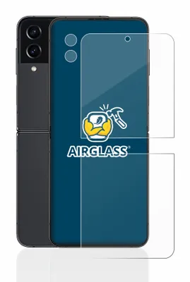 A black Samsung Galaxy Z Flip 4 phone is shown next to two clear screen protectors. The screen protectors are positioned to show how they would fit on the phone.