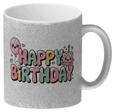 Produktbild von Kawaii Happy Birthday Glitzer-Kaffeebecher