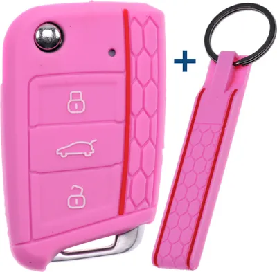 Produktbild von Auto Schlüssel Silikon Schutz Hülle + Schlüsselband im Wabe Design Rosa kompatibel mit VW SEAT Skoda Golf 7 Leon Octavia 3 Tasten Klappschlüssel