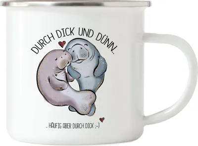 Produktbild von Durch Dick und Dünn Eher Dick Emaille Tasse Valentinstag Freundin Freund Süß Geschenkidee Paar Liebe Couple Jahrestag
