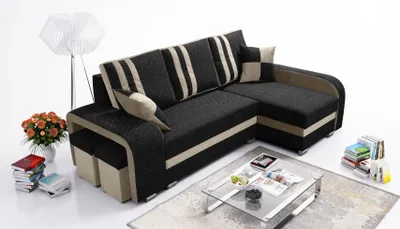 Produktbild von Robin York Ecksofa mit Schlaffunktion 2x Bettkasten 2x Kleine Kissen 2x Hocker Sofa L-Form Schlafsofa Freistehende Eckcouch Schlafcouch Wohnzimmermöbel Wohnlandschaft Rechts Schwarz Beige