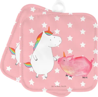 Produktbild von Mr. & Mrs. Panda Topflappen Einhorn Schwein - Rot Pastell - Geschenk, Set, Unicorn, Topfuntersetzer, topfhalter, Topflappenset, Kochlappen, Schweinchen, Freundin