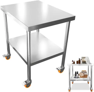 Produktbild von QEENTOE Edelstahl Arbeitstisch 61x46x85cm, Mobiler Küchentisch mit 2 Ebenen und Rollen, Edelstahl Vorbereitungstisch für Küche, Gastronomie und Gewerbe