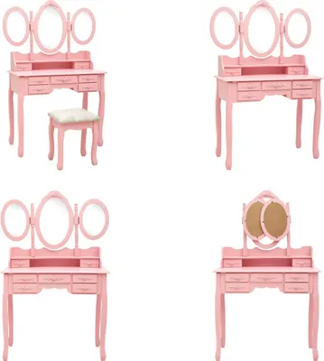 Immagine prodotto di vidaXL Tavolino da toilette con sgabello e triplo specchio rosa - Tavolino da toilette - Tavolini da toilette - Tavolini da toilette