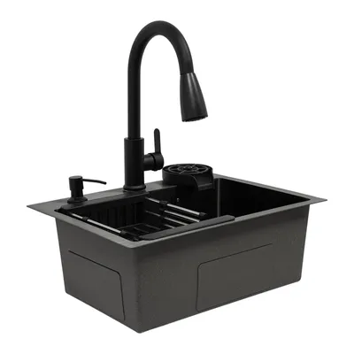 Immagine prodotto di Set per lavello da cucina nero - 50x40 cm - Acciaio inossidabile - Con rubinetto e dispenser per sapone