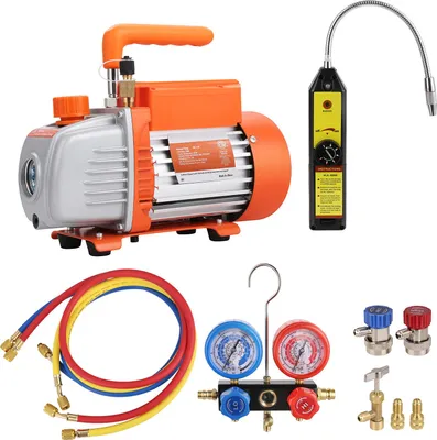 Obrázek produktu pro SucceBuy 1/4 HP HVAC vakuová pumpa a měřicí sada, poskytuje průtok 4 CFM a obsahuje sadu manometru a hadice pro všechny vaše potřeby vakua a měření.