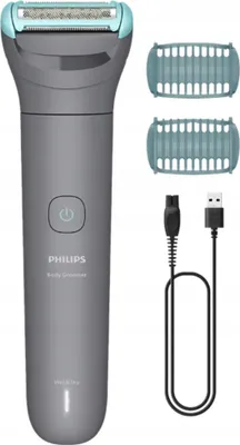 A Philips body groomer and its accessories are displayed against a white background.