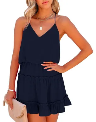 Produktbild von Imily Bela Sommerliches Minikleid für Damen mit V-Ausschnitt, ärmellos, mit Falten und Spaghettiträgern, fließendes Strandkleid für den Urlaub