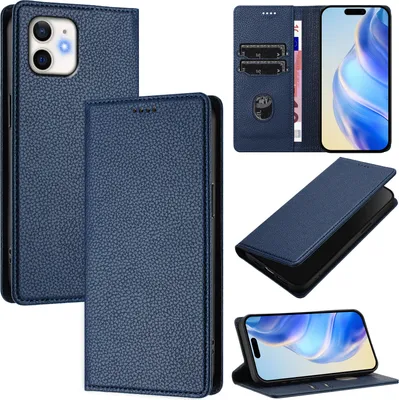 A collage of images showing a blue leather wallet case for a smartphone, with different views and angles.