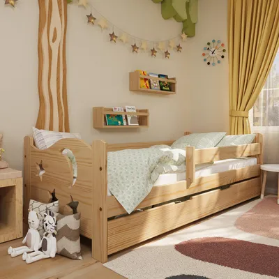 Obrázok produktu pre Detská Posteľ Lili S Bariérou, Zásuvkou A Roštom | 160x80 cm | Borovica, Masívne Drevo, Prírodné Kreslenie | Univerzálna, Pevná, Pohodlná