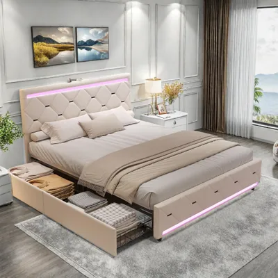 Obrázok produktu pre Čalúnená posteľ ProximaX 140x200 cm | 4 zásuvky a úložný priestor | USB a LED osvetlenie postele, zamat, béžová